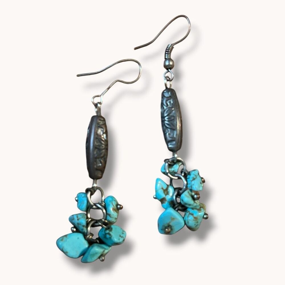 Turquoise Chip Cluster Dangle Earrings Southwestern Boho 2.25 Inch - Picture 2 of 8